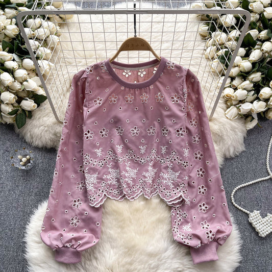Hollow-out Slim-fit Short Age-reducing Puff Sleeve Top