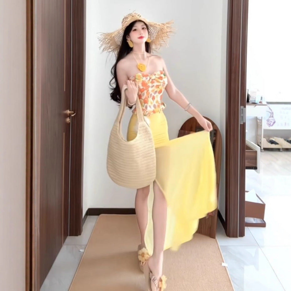 Elegant Printed Tube Top Mesh Sheath Skirt For Women