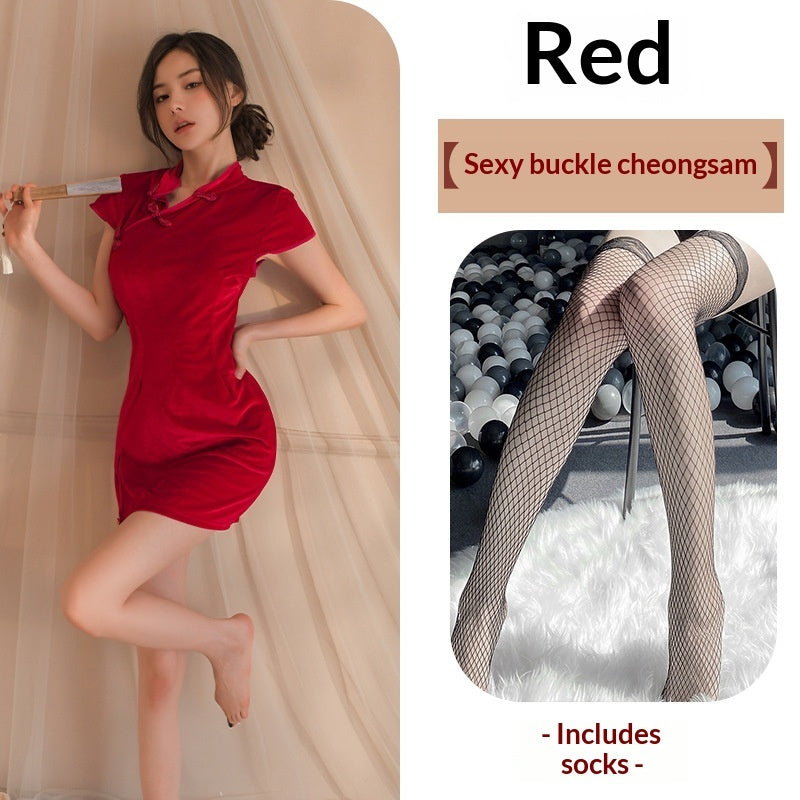 Velvet-Panel Vintage Qipao Uniform Set