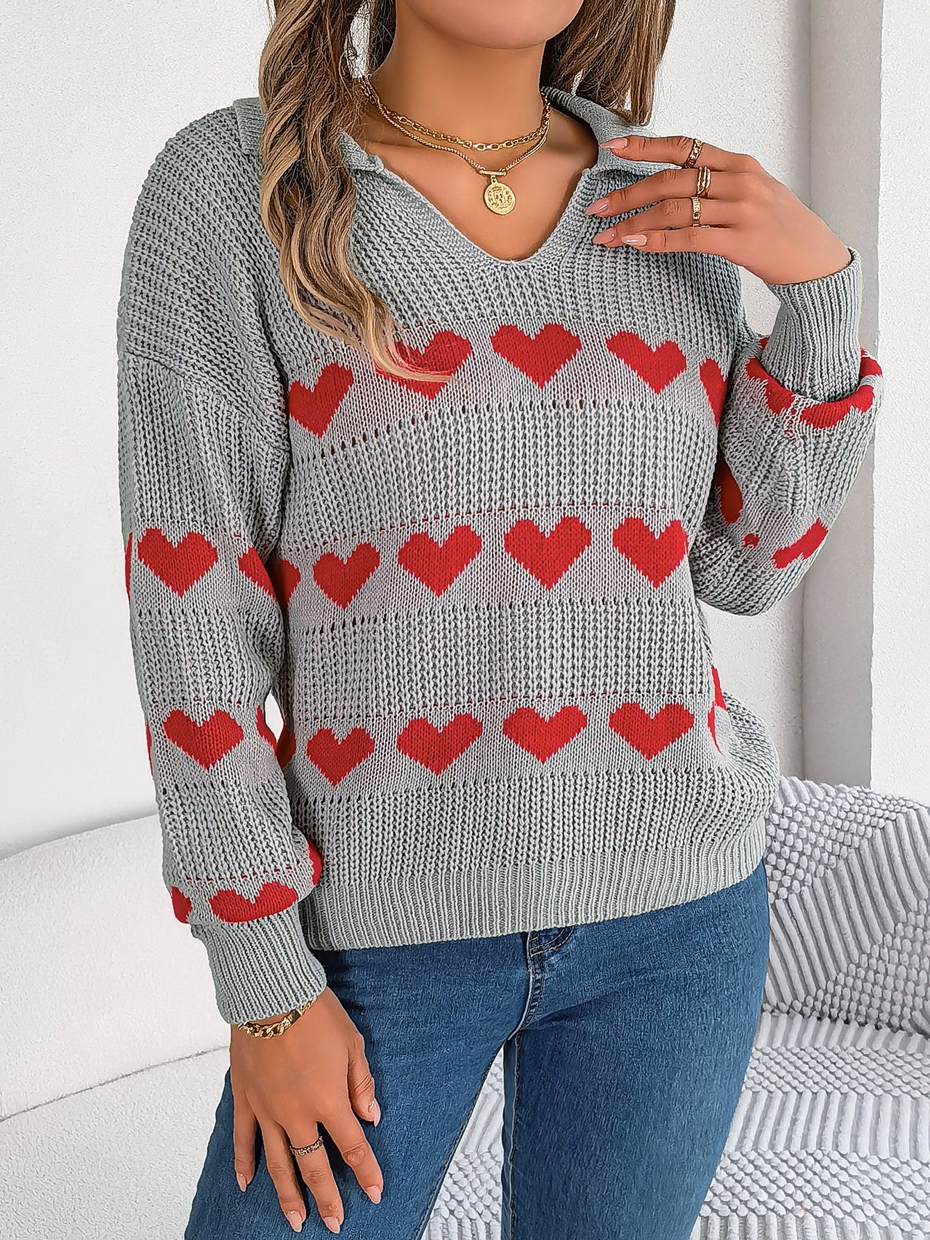 Women Casual V-Neck Lantern Sleeve Color Block Heart Pullover Sweater