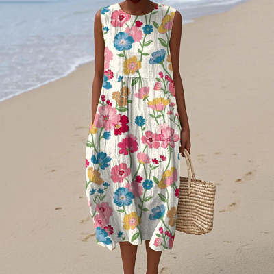 Womens Printed Crew-Neck Sleeveless Pullover Dress