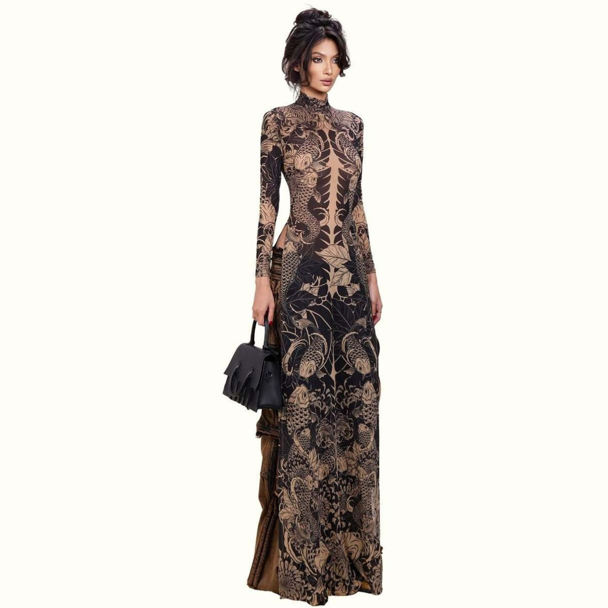 Womens Slim-fit Long Dress With A High Neck And Long Sleeves