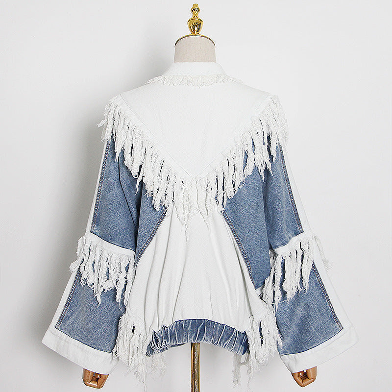 Black And White Stitching Tassel Single-breasted Design Loose Denim Jacket