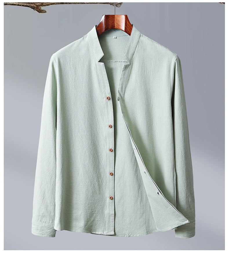 Cotton And Linen Crepe Solid Color Chinese Style Men's Long-sleeved Shirt