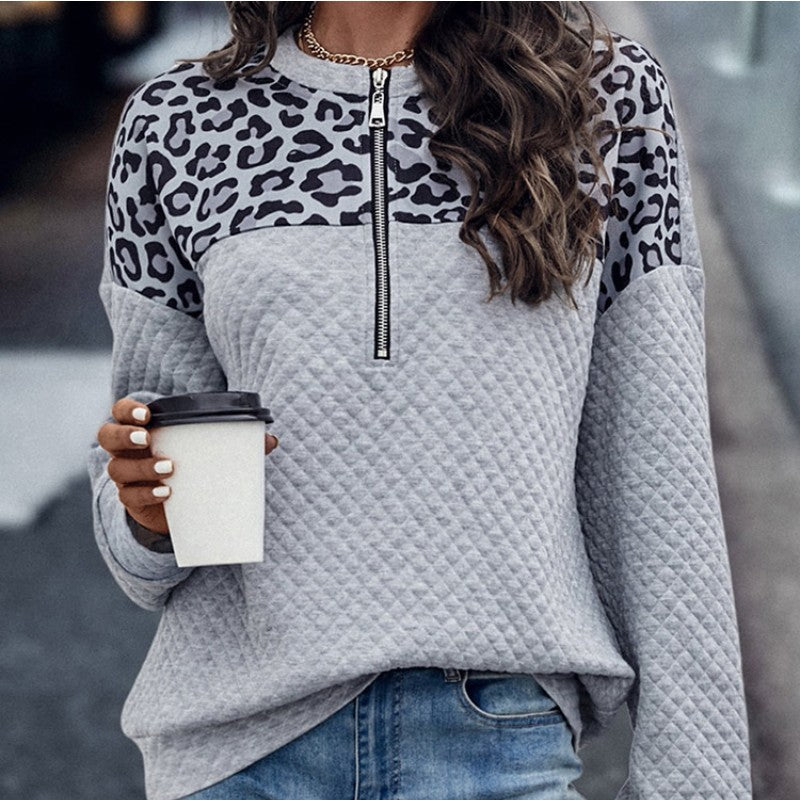 Vinter ny leopard-splejset sweater med sænkede skuldre og lynlås til kvinder