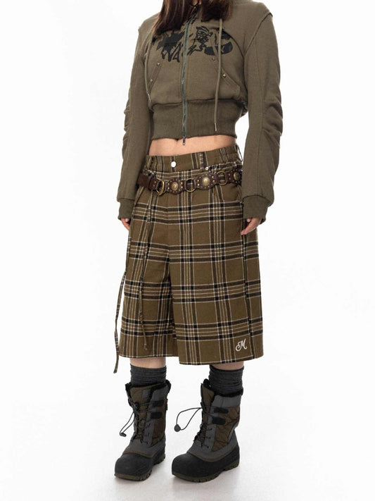 Retro Plaid Pants Women's Loose Casual Straight-leg Wide Leg Shorts
