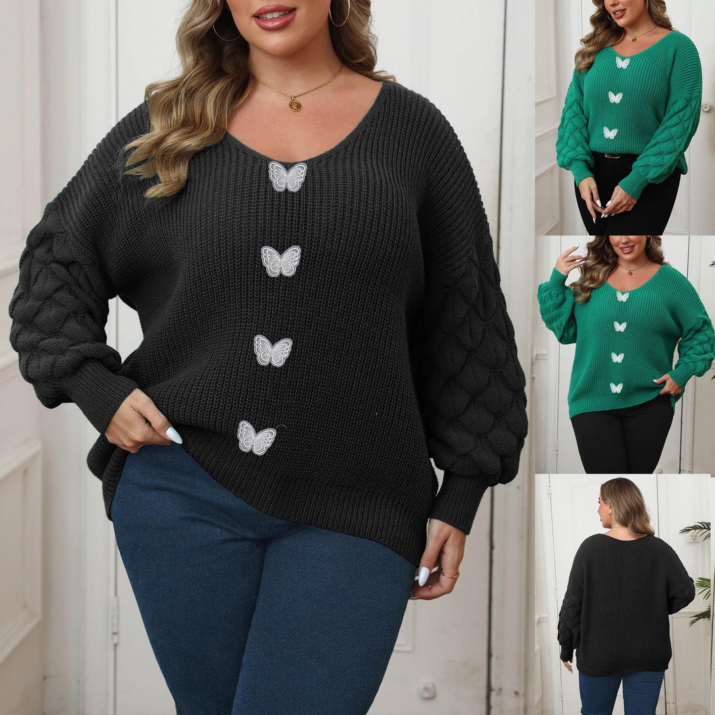 Plus Size Dame Ananas Ærme Sammenføjning Dybt V Vævet Blonde Sommerfugletrøje