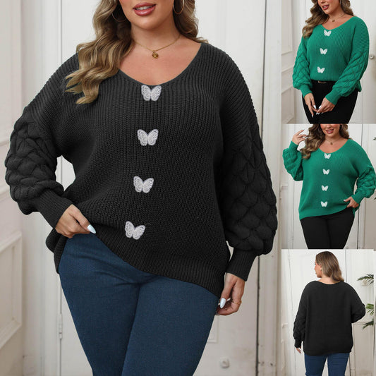Plus Size Dame Ananas Ærme Sammenføjning Dybt V Vævet Blonde Sommerfugletrøje