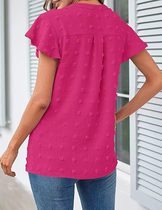 Women Summer V Neck Ruffle Short Sleeve Blouse Dot Flowy Shirt Top