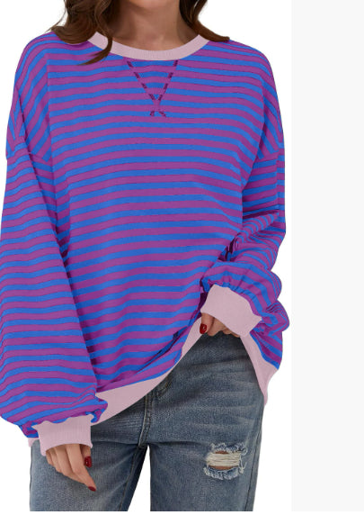 Women's Colorful Striped Round Neck Loose Sweatshirt