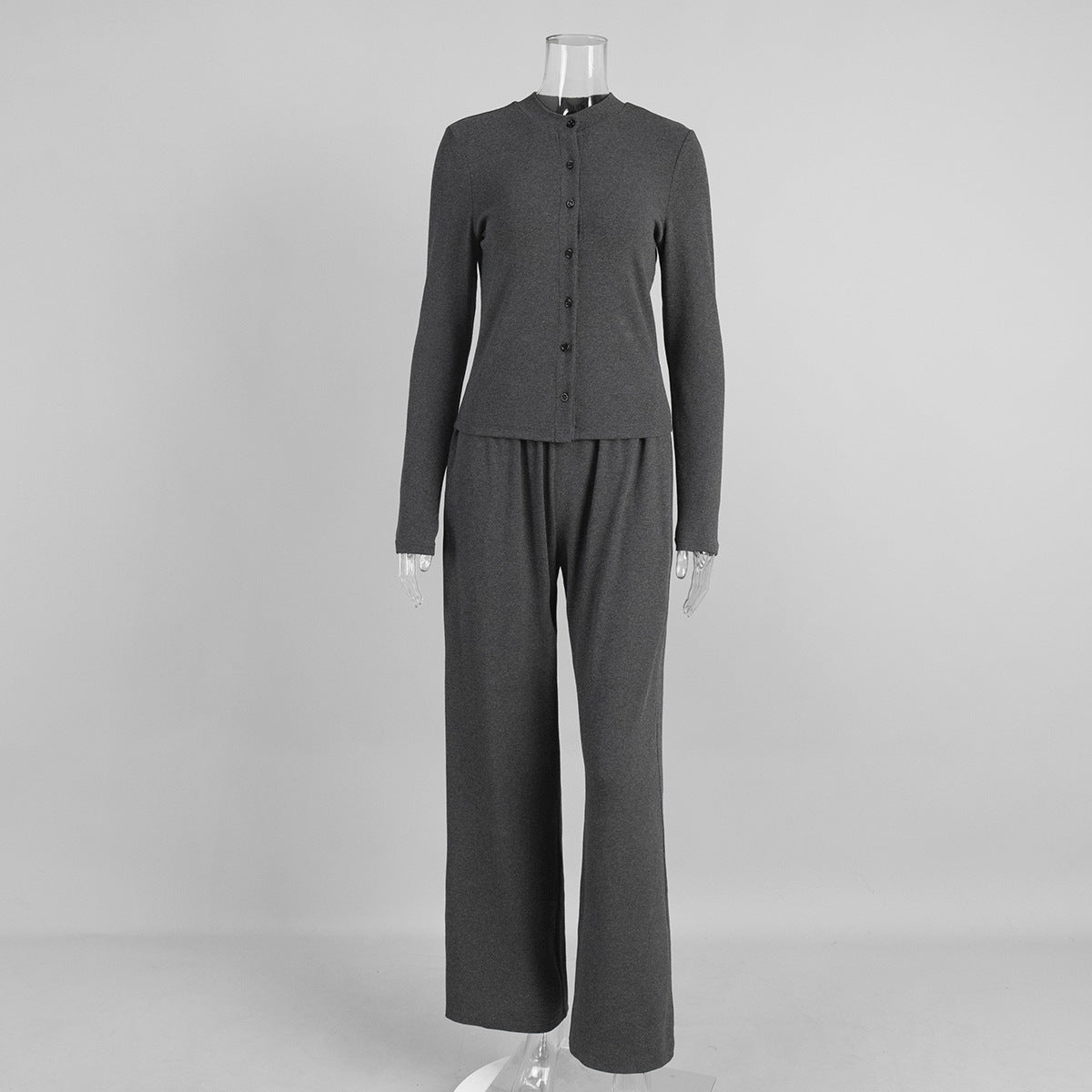 Half-high-neck Rib-knit Long-sleeve Cardigan And Button-front Trousers Set