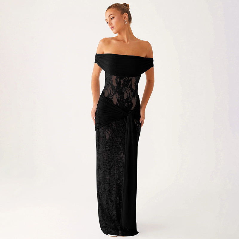 Sexet Off-Shoulder Kjole Til Kvinder Med Gennemsigtigt Mesh Og Blonder