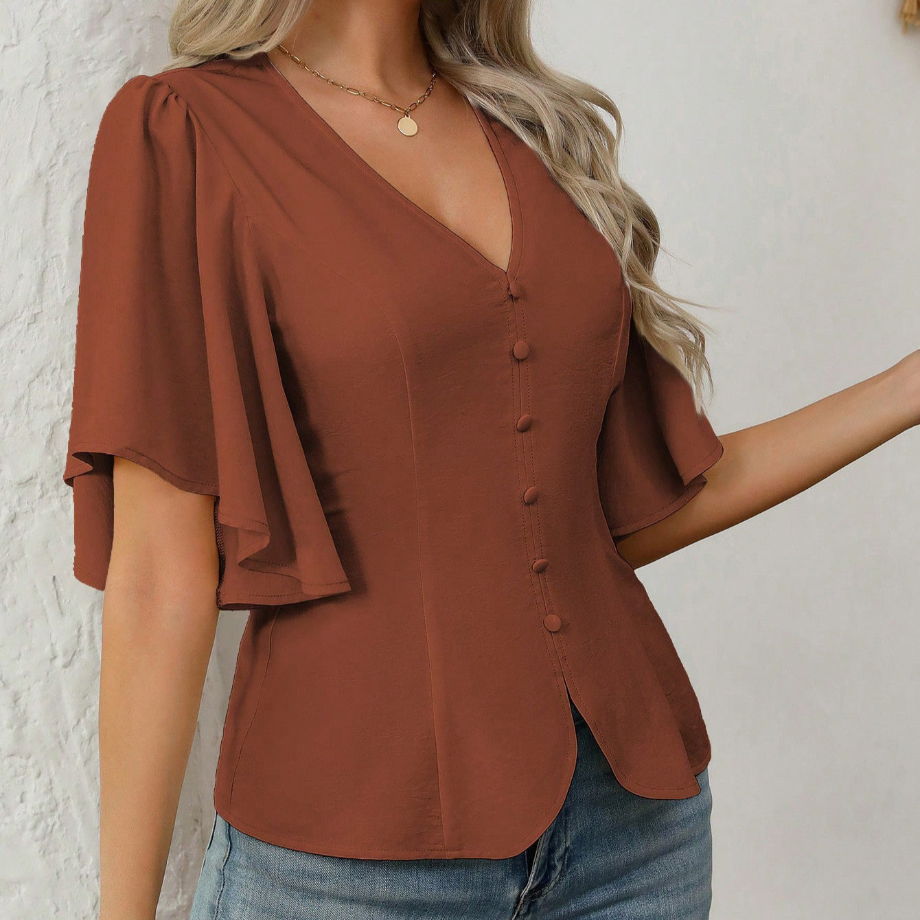 Womens Solid-Color Short-Sleeve V-Neck Single-Breasted Waist-Cinching Top