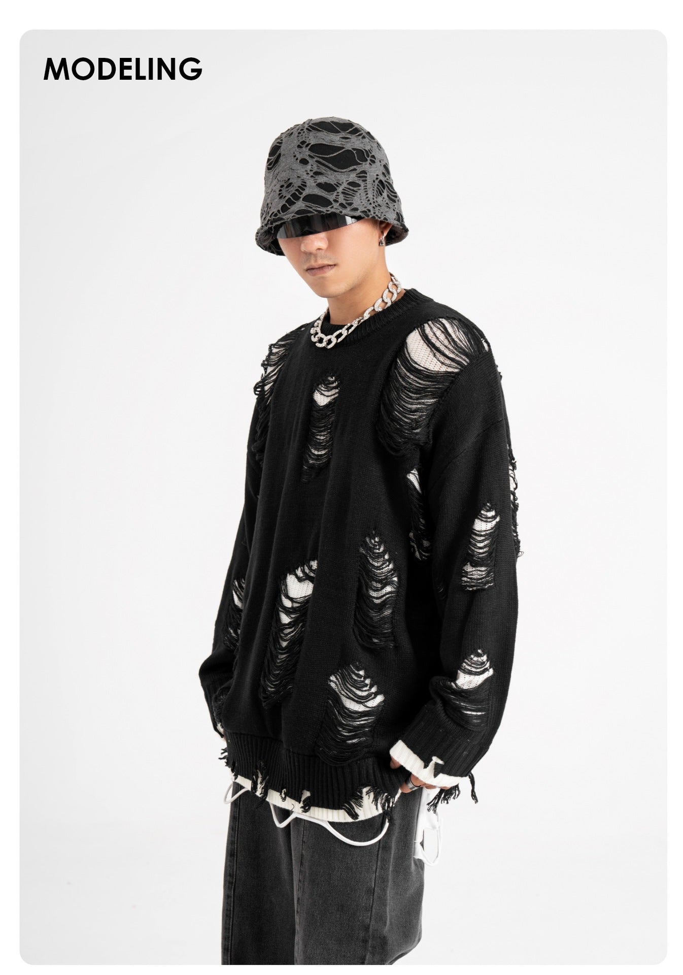 Fake Two-piece Hole Oversize Design Sense Idle Style Couple Sweater
