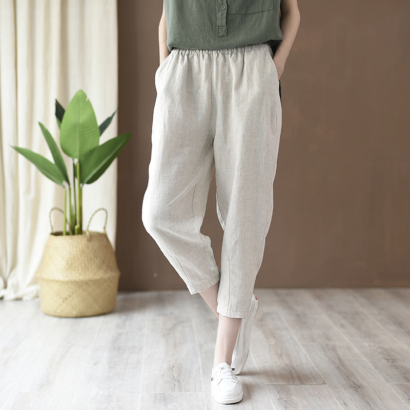 Spring And Summer Cotton Linen Women's Literary  Casual Pants