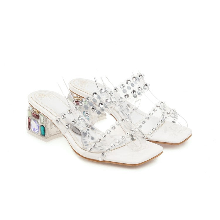 Stylish Studded Square Toe Chunky Heel Sandals