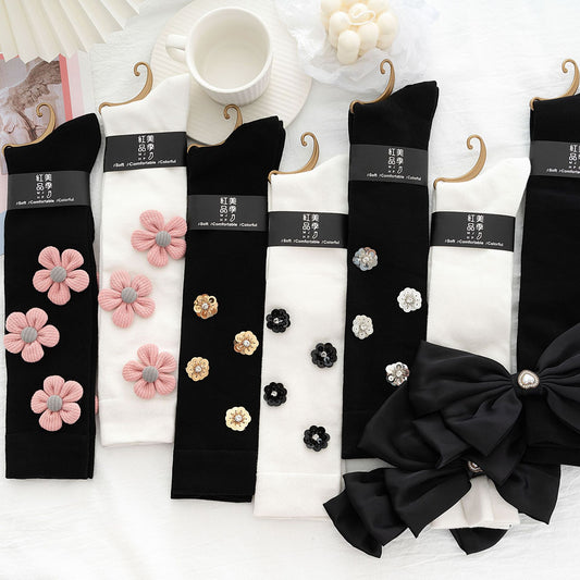 Hand-designed Heavy Industry Sequined Diamond Bow High Socks