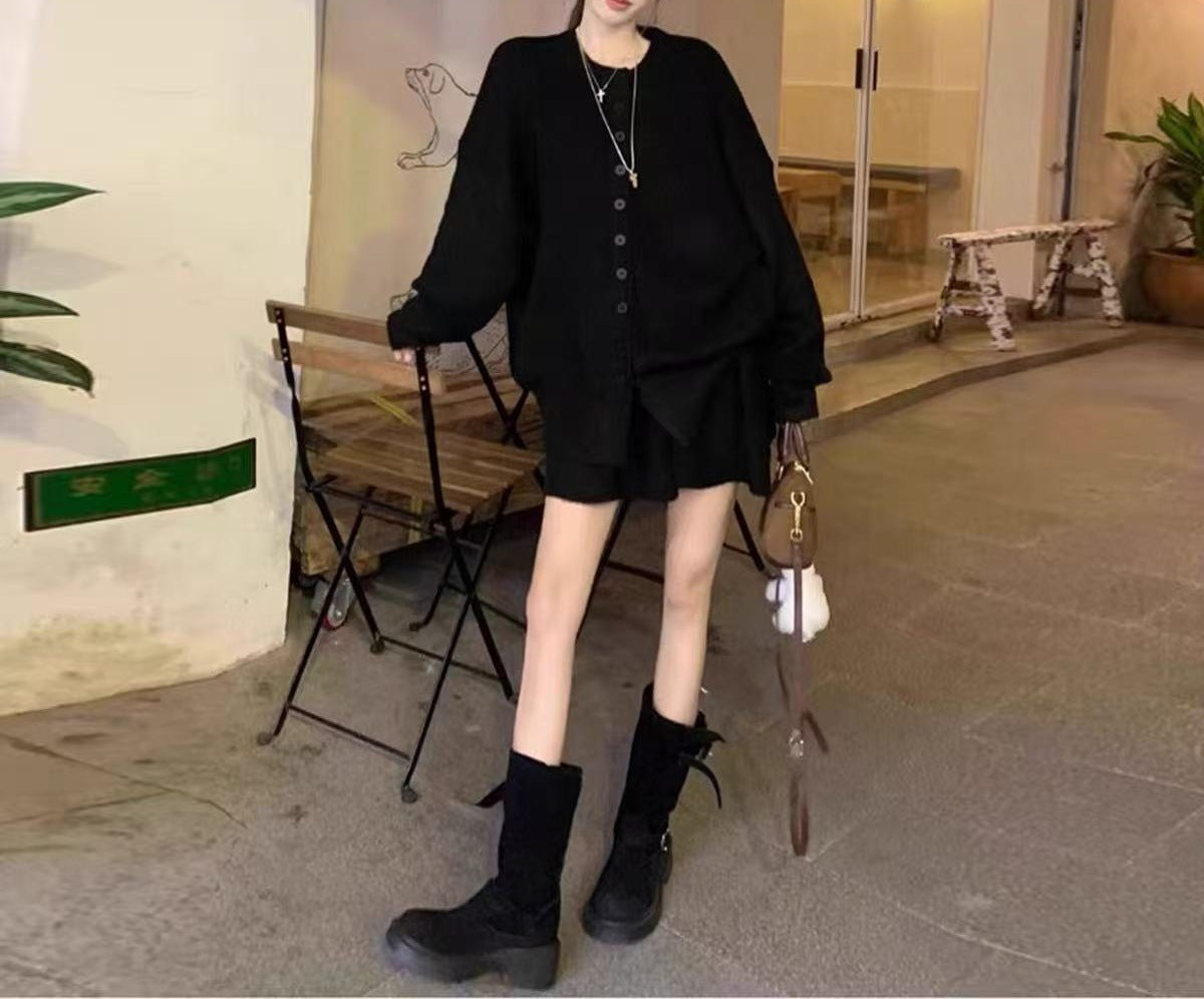 Womens Knitted Two-piece Set Solid-color Skirt And Sweatercardigan Jacket