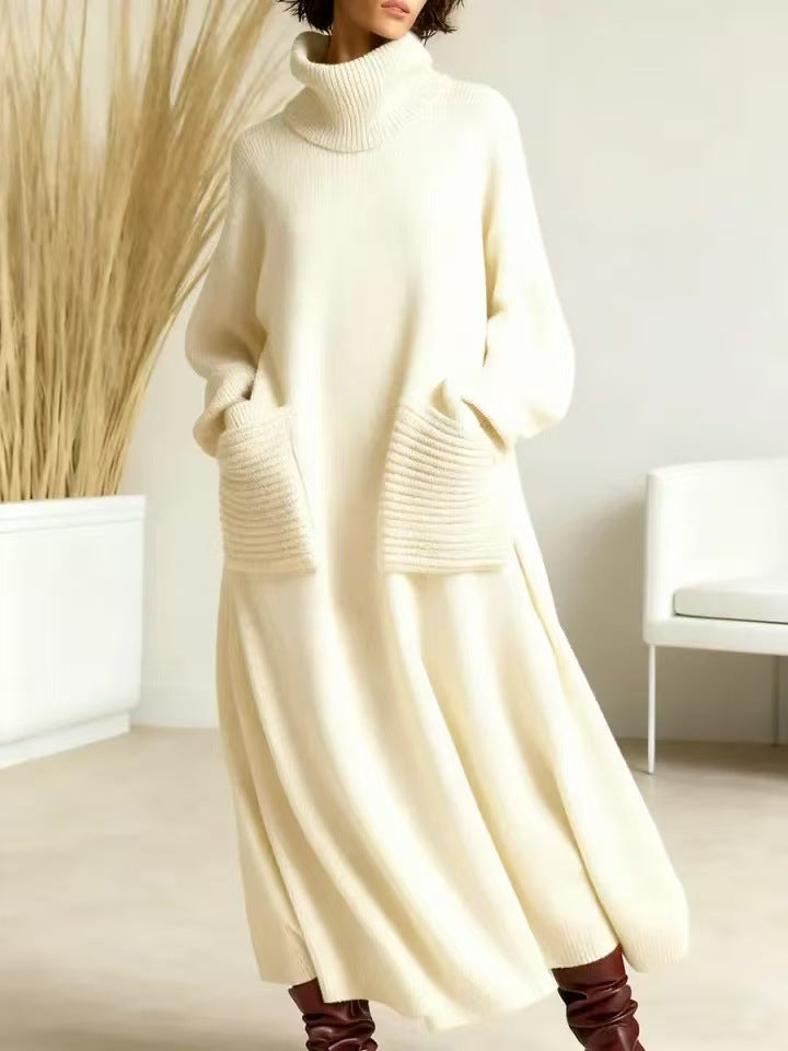 New High-neck Polyester Knit Dress With A Relaxed Fit And Pockets