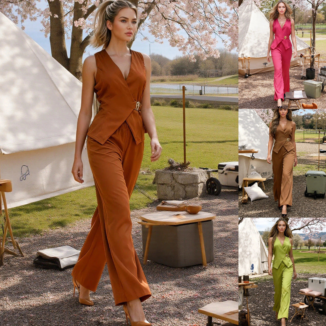 Casual-style Metal-buckle Belt Vest And Trousers Two-piece Set