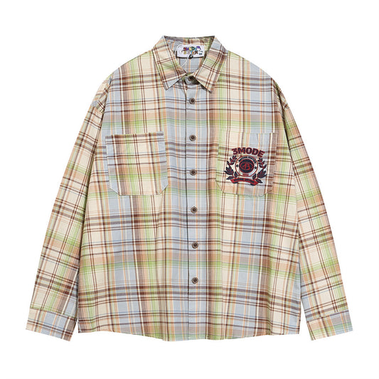 Embroidered Pocket Casual Polo Collar Checked Shirt