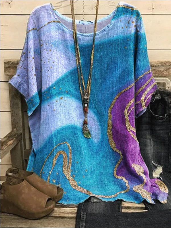 New Casual Loose Printed Crew Neck Top