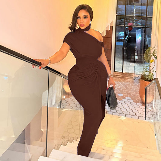 Split Sheath Skirt Celebrity Style One Shoulder Slan Neck Backless Long Dress