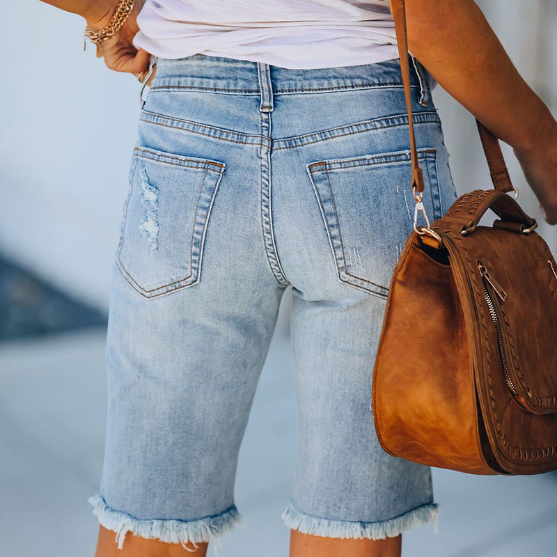 High Stretch Trousers Mid-rise Five-point Pants Ripped Jeans