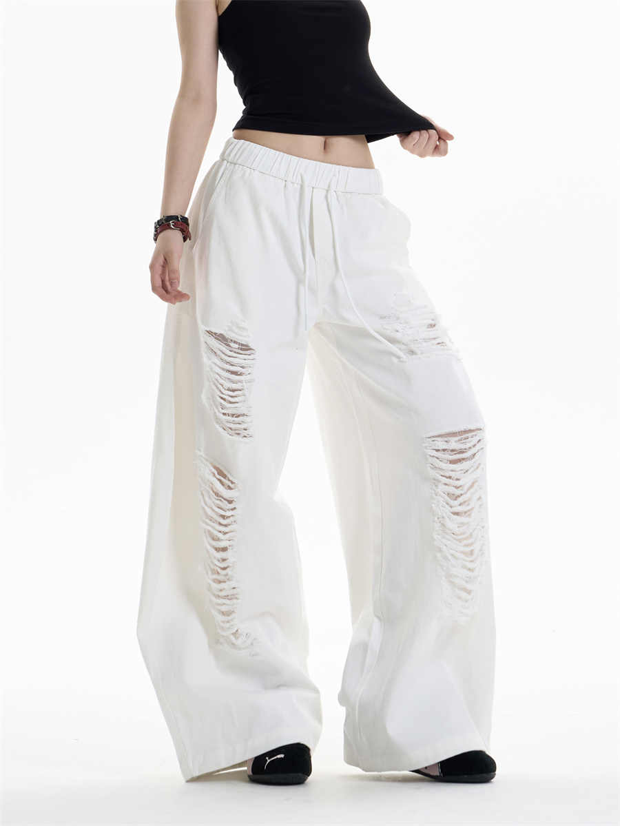 Ripped Casual Pants Women's Loose Straight Wide-leg Pants