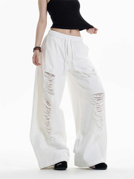 Ripped Casual Pants Women's Loose Straight Wide-leg Pants