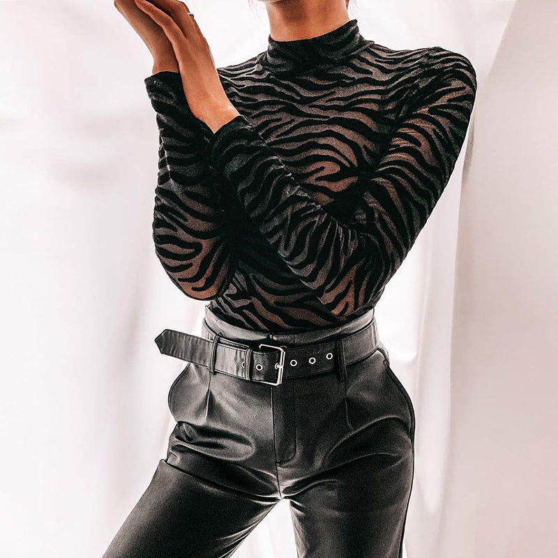 European And American Women's Irregular Striped Blouse, Autumn And Winter Fashion Sexy See-Through Long-Sleeved Slim Casual Bottoming Bodysuit