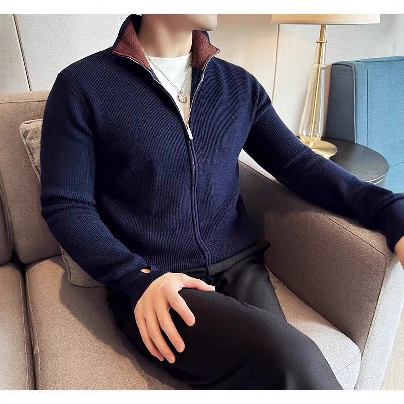 Cardigan Striped Thick Knitwear Autumn Winter Trend Slim Stand Collar Coat