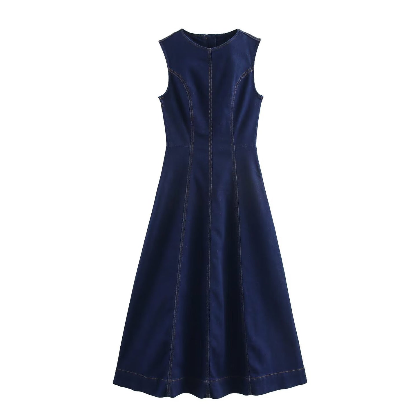Sleeveless Denim Dress With A Crew Neck