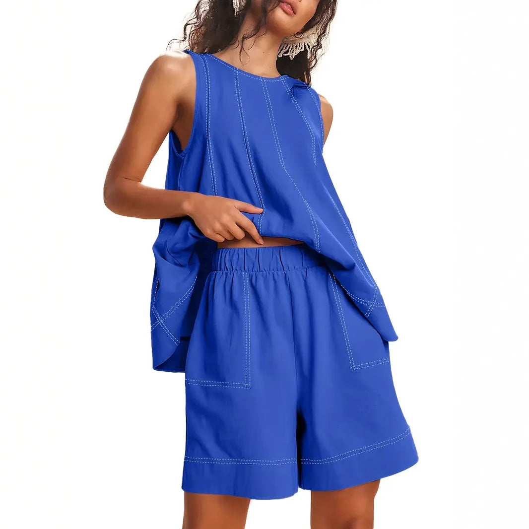 Solid-Color Elegant Crew-Neck Tank Top And Wide-Leg Shorts Set For Women