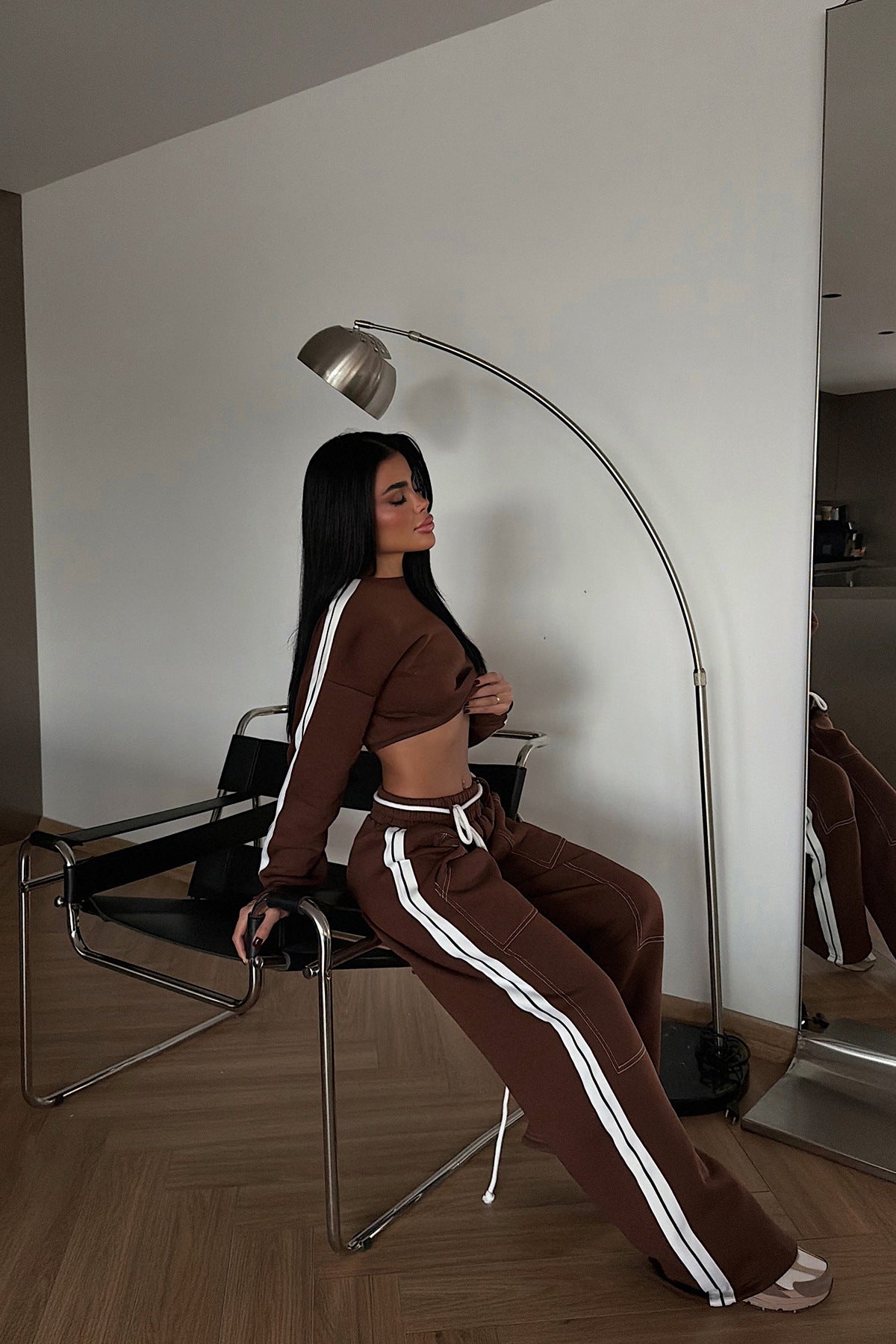 Womens Sportswear Set Crew-neck Long-sleeve Top And Pants