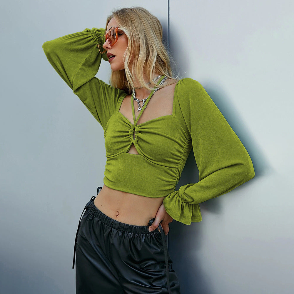 Sexy Hollow-out Puff Sleeve Long Sleeve Crop Top