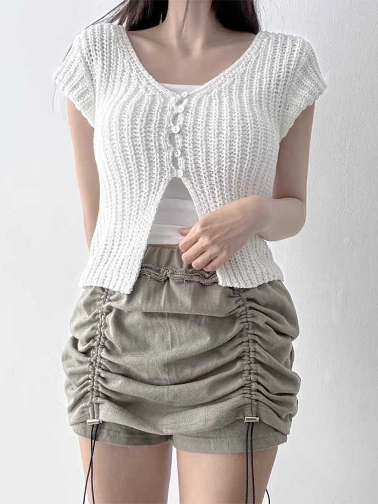V-neck Small Breasted Split Short-sleeved Sweater Top