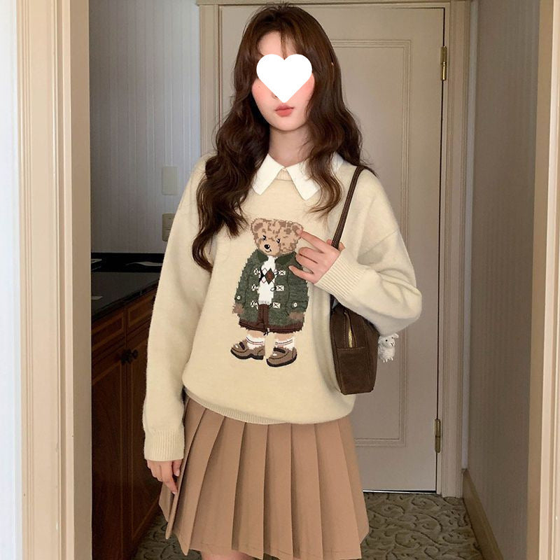 Contrast Color Lapels Bear Brocade Sweater