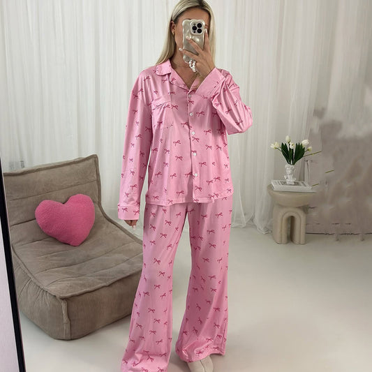 New Knitted Bow-printed Long-sleeve Pants Set