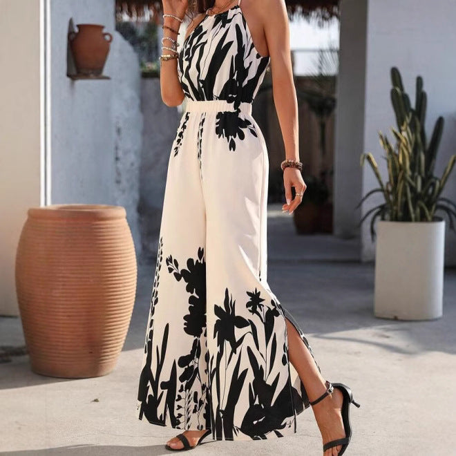 Jumpsuit til kvinder med spaghettistropper, blomsterprint og vide ben