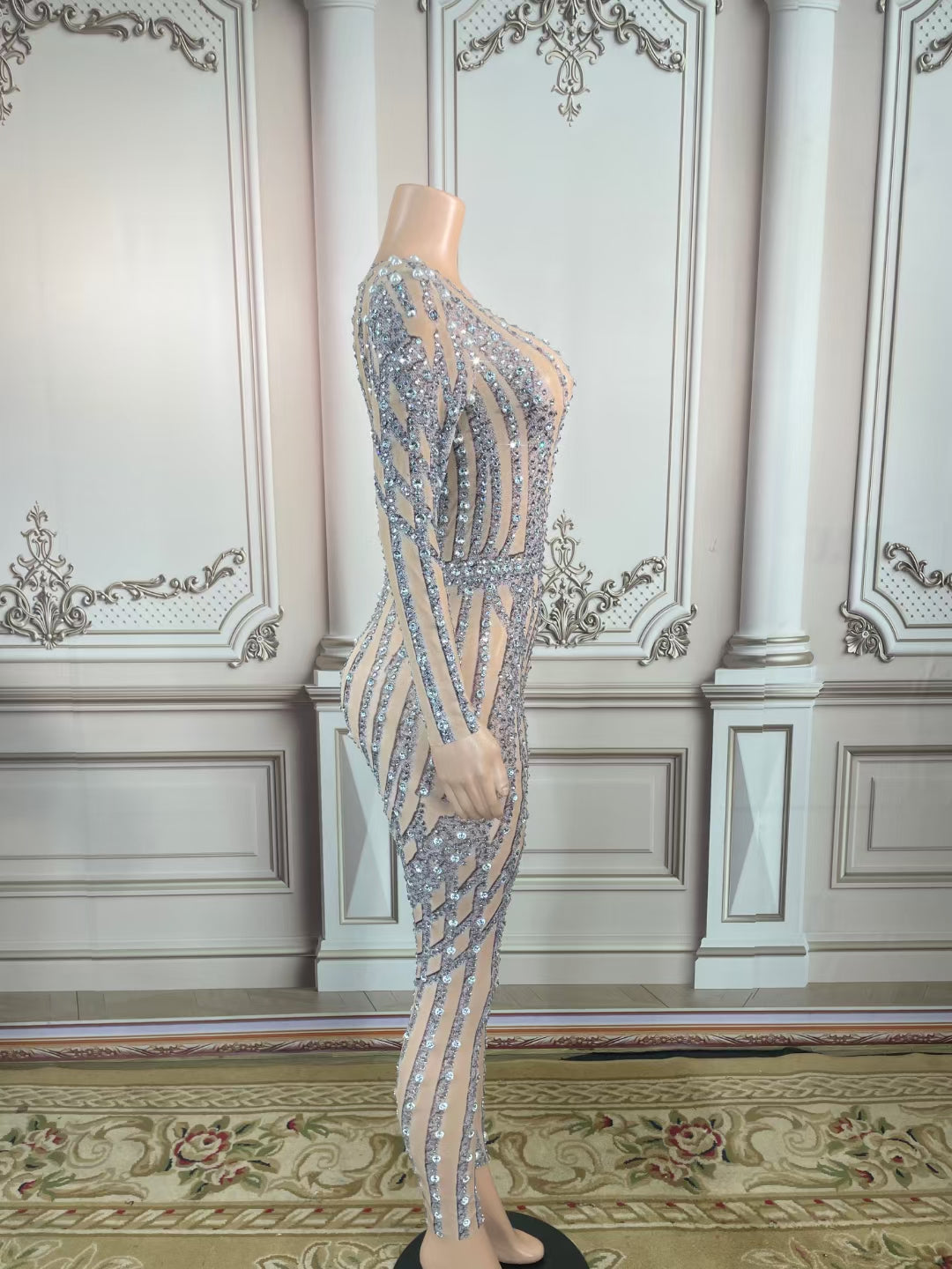 Catwalk Rhinestone Fringed Mesh Stretch Bodysuit