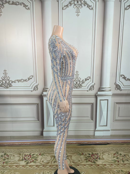 Catwalk Rhinestone Fringed Mesh Stretch Bodysuit