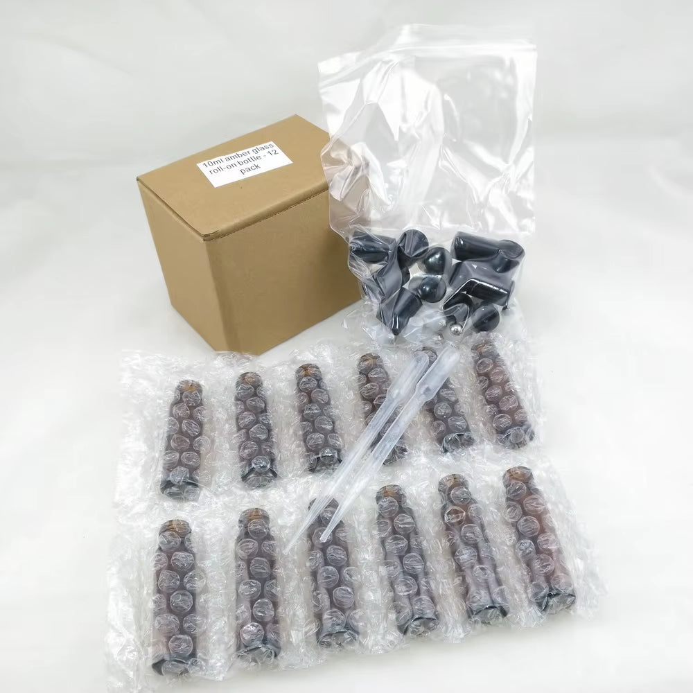 12Pcs 10Ml Amber Empty Refillable Glass Perfume Roll on Bottle with Stainless Steel Roller Ball for Essential Oil Aromatherapy