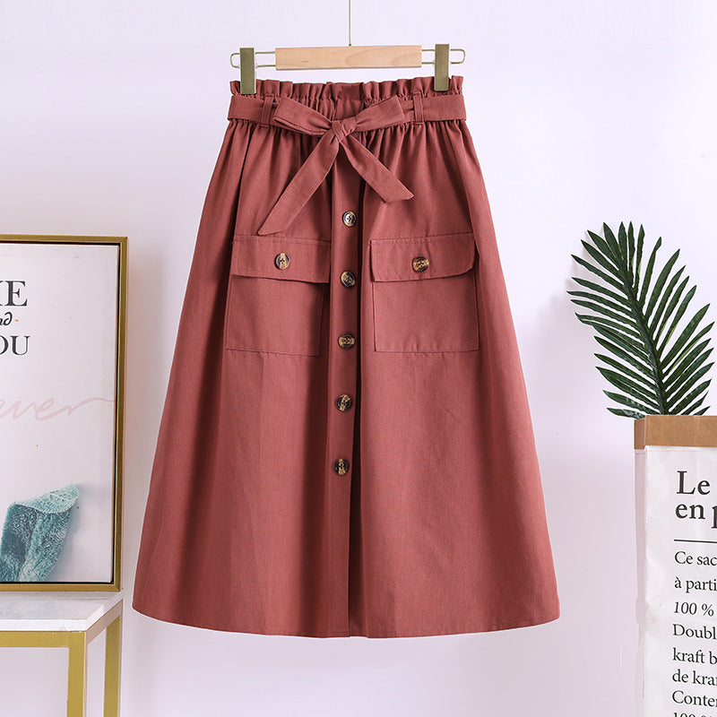 Summer New Artistic Solid Color Buttons Mid-length Skirt Mori Girl Elastic Waist Cotton And Linen A- Line Skirt