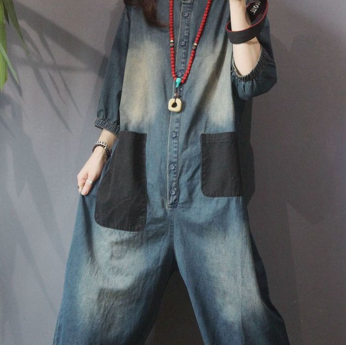 Retro Personality Plus Size Patch Large Pocket Jumpsuit