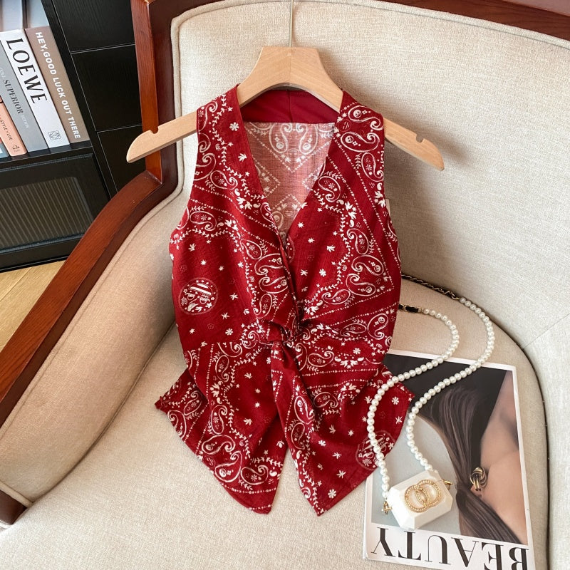 Red Sleeveless Floral Twist Sweet Spicy Waistcoat Top