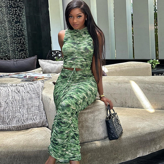 Printed Sleeveless Pullover Top With Drawstring Paired With A Skirttwo-piece Set