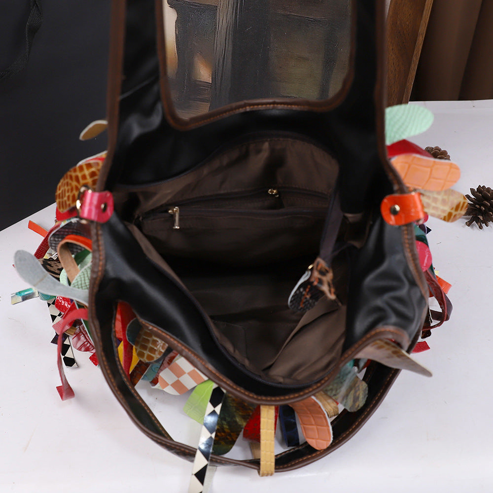 Tasseled Cowhide Tote Bag With Large Capacity And Crossbody Strap