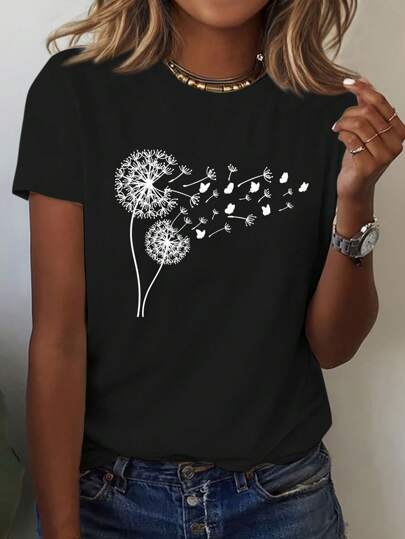 Dandelion Butterfly Pattern Round Neck Short Sleeve