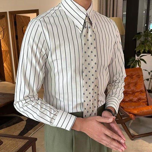 Lapel Vintage Stripe Versatile Slim-fit Long Sleeve Shirt